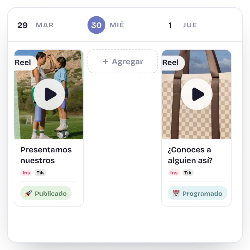 En la semana de tu cliente le das Agregar al miércoles 30, eliges Instagram, TikTok, Facebook y YouTube, le das Programar y el post cae en su día; a su hora pasa a Publicado
