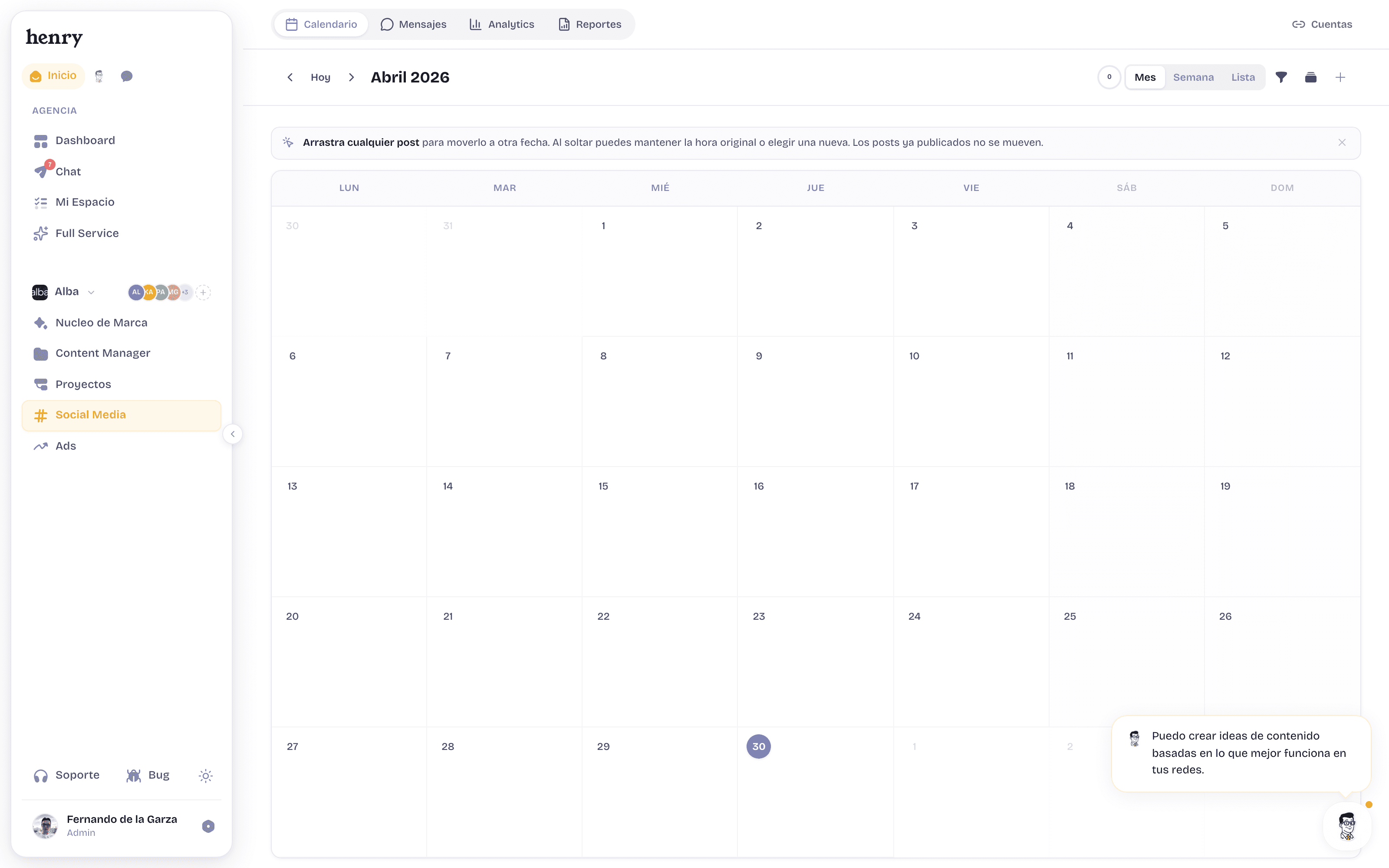 Vista semanal del calendario en Henry