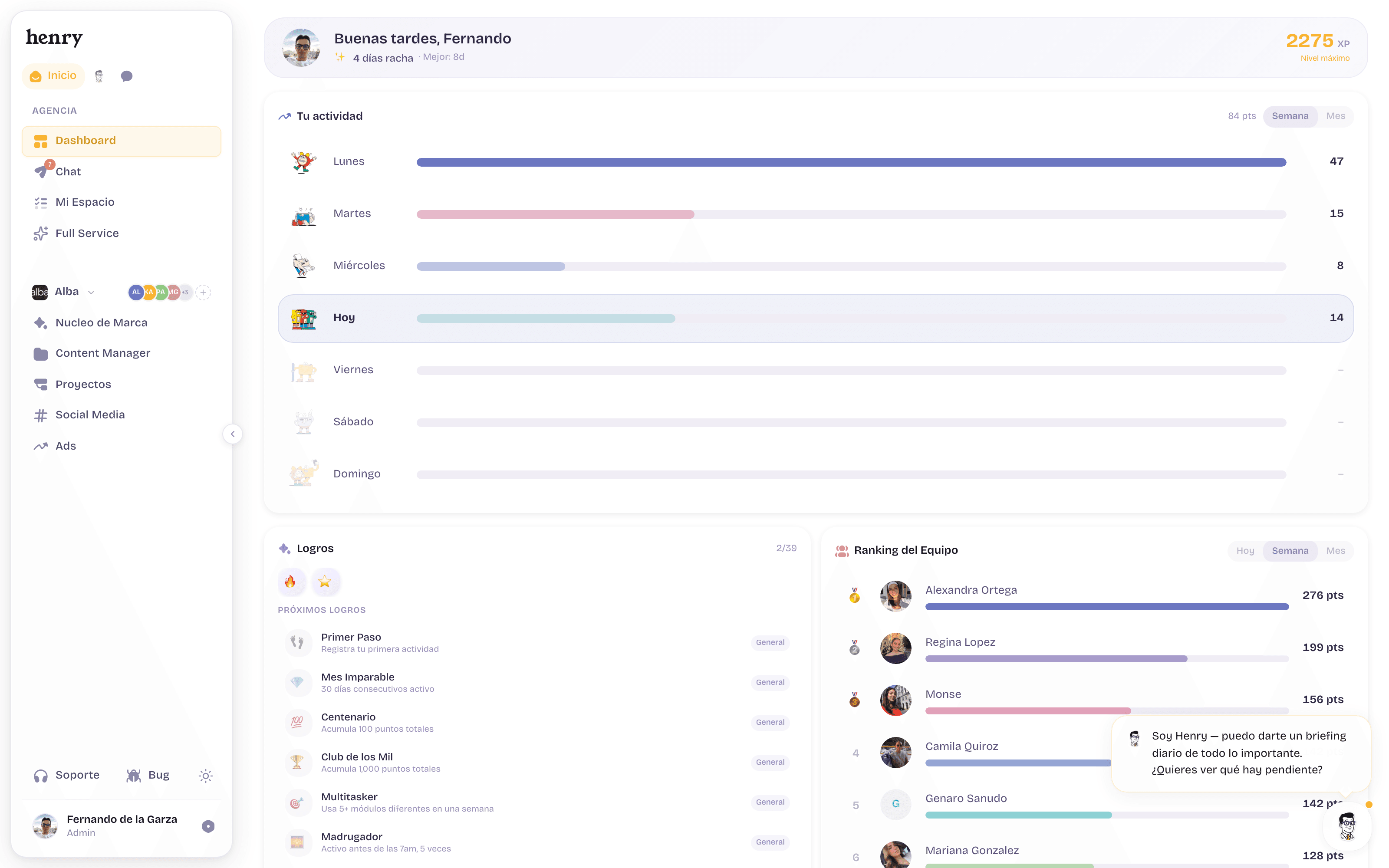 Dashboard de Henry — actividad del equipo, ranking y pendientes